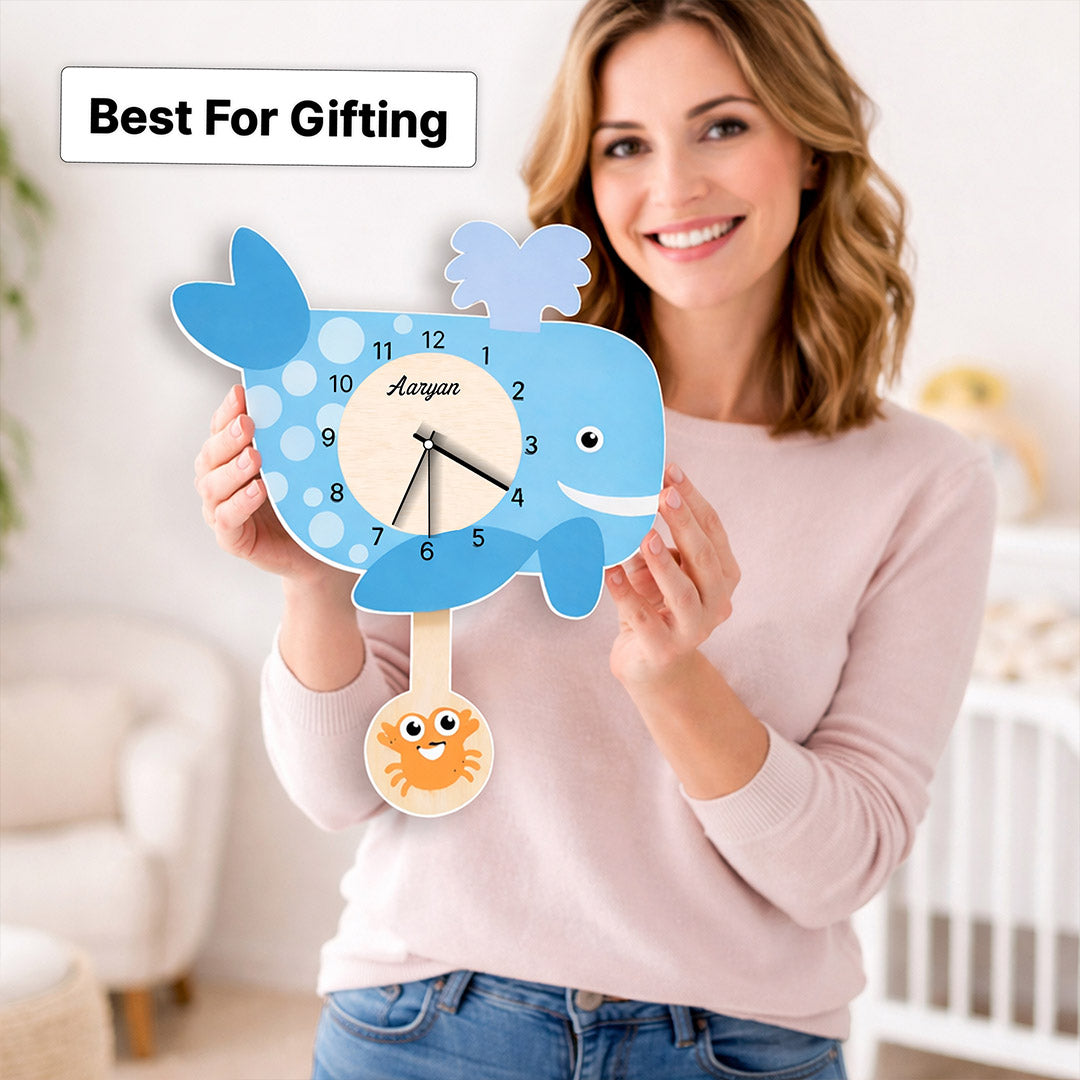 Personalized Whale Kids Wall Clock – Custom Name Cartoon Animal Wall Clock (12 × 14 Inch) | Love Craft Gifts