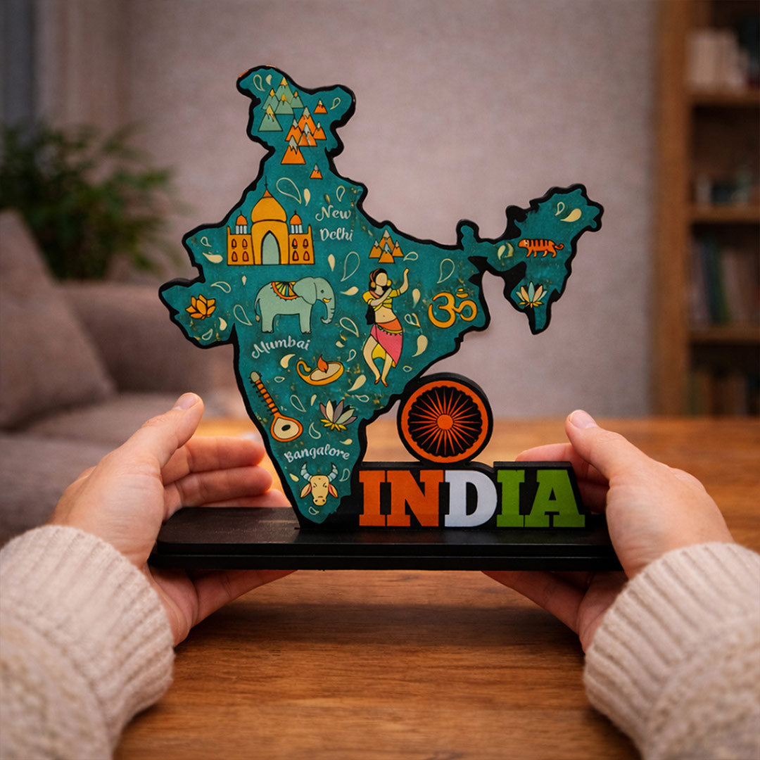 India Map Wooden Table Top Decor – 3D India Art Stand (7x7 Inch) | Love Craft Gifts