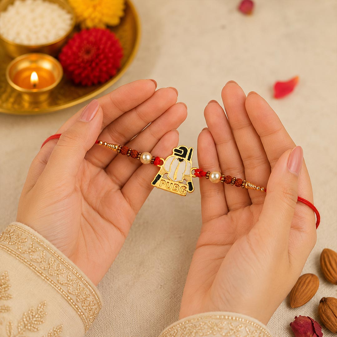 PUBG Gaming Rakhi for Brother Premium Enamel Designer Rakhi with Rudraksha Beads | Love Craft Gifts™