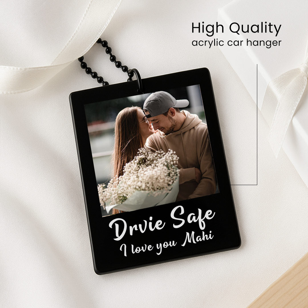 Personalized Car Hanger with Photo & Text – 3x2.5 inch Black Acrylic Tag | Love Craft Gifts