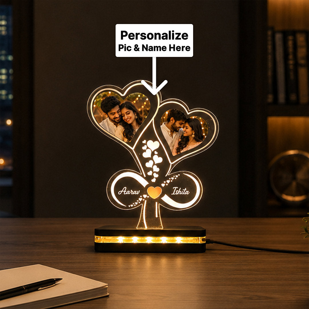 Personalized 2 Photo Couple LED Acrylic Lamp 6x8" | Double Heart Name Design | Love Craft Gifts™