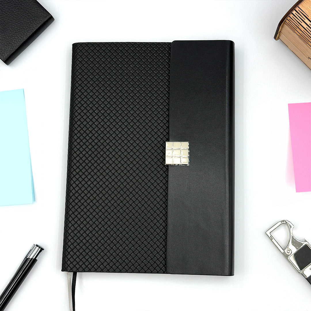 Personalized A5 Woven Vegan Leather Diary Notebook | Custom Name Journal Planner with Snap Button Closure for Office & Corporate Gifting | Love Craft Gifts™