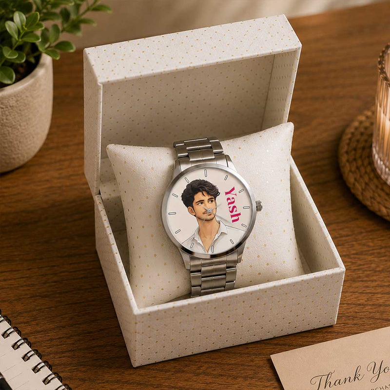 Personalized AI Art Watch | Custom Men's Analog Watch with AI Portrait & Name | Love Craft Gifts™
