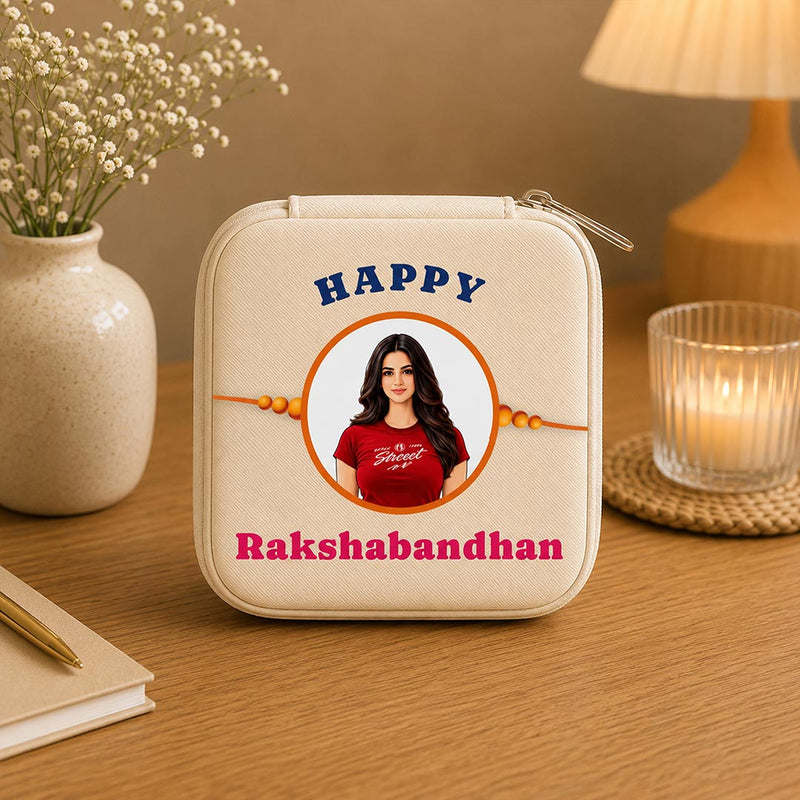 Personalized AI Cartoon Jewellery Travel Case Rakhi Special Gift for Sister with Custom Name & Portrait | 16x11x5 cm | Love Craft Gifts™