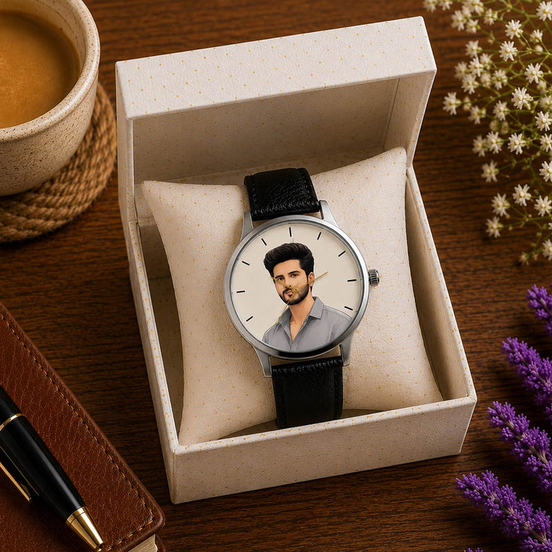 Personalized AI Portrait Gift Watch | Custom Leather Strap Analog Watch for Men | Love Craft Gifts™