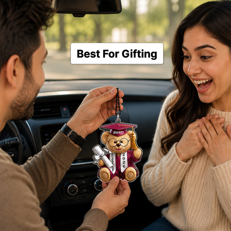 Personalized Acrylic Graduation Teddy Bear Car Hanging | Custom Name Graduation Gift for Friends & Classmates | Love Craft Gifts™
