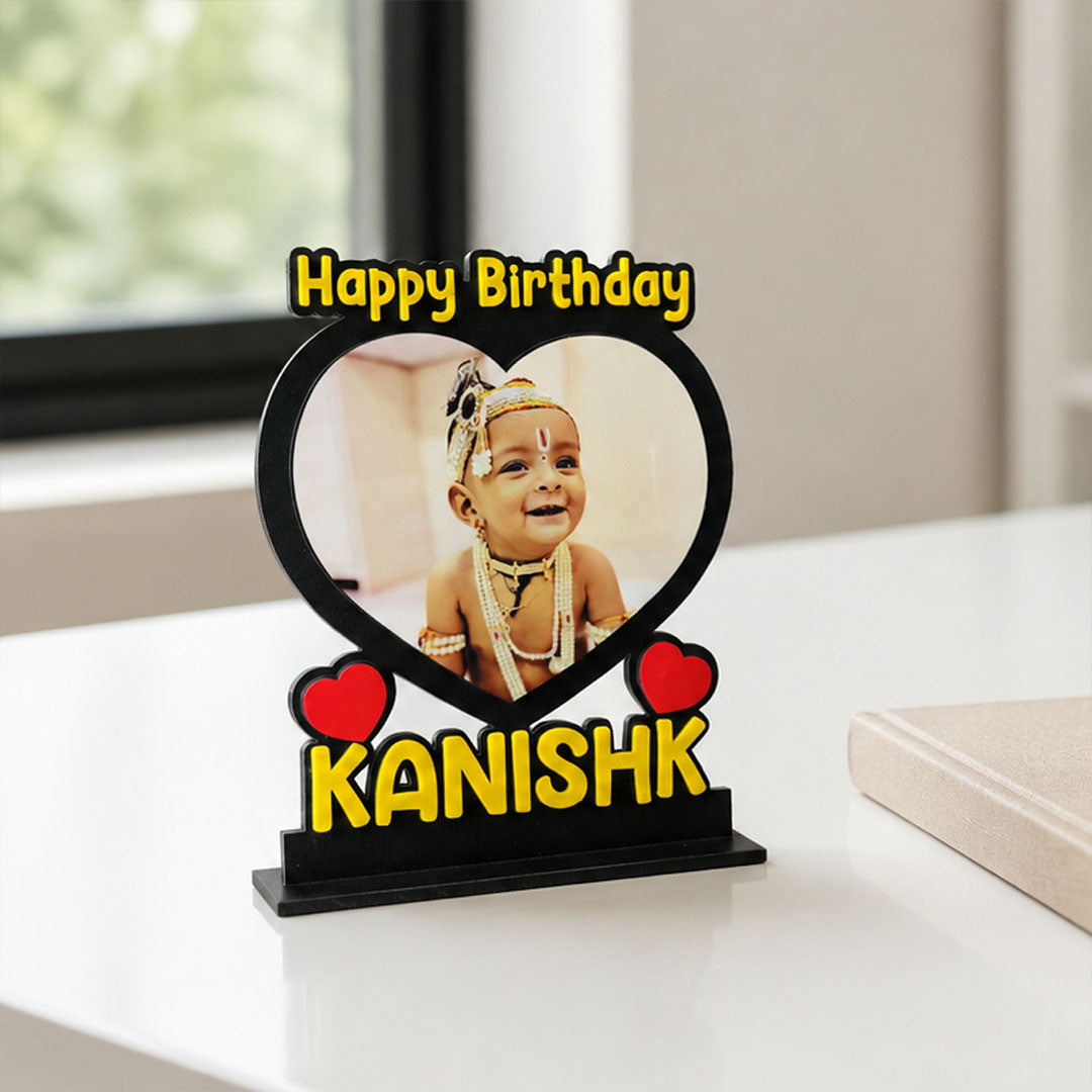 Personalized Birthday Photo Frame with Name | Heart Shape Table Stand