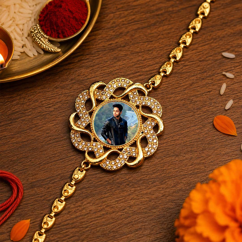 Personalized Brother Photo Rakhi Luxury Gold Crystal Rakhi Custom Memory Gift | Love Craft Gifts™