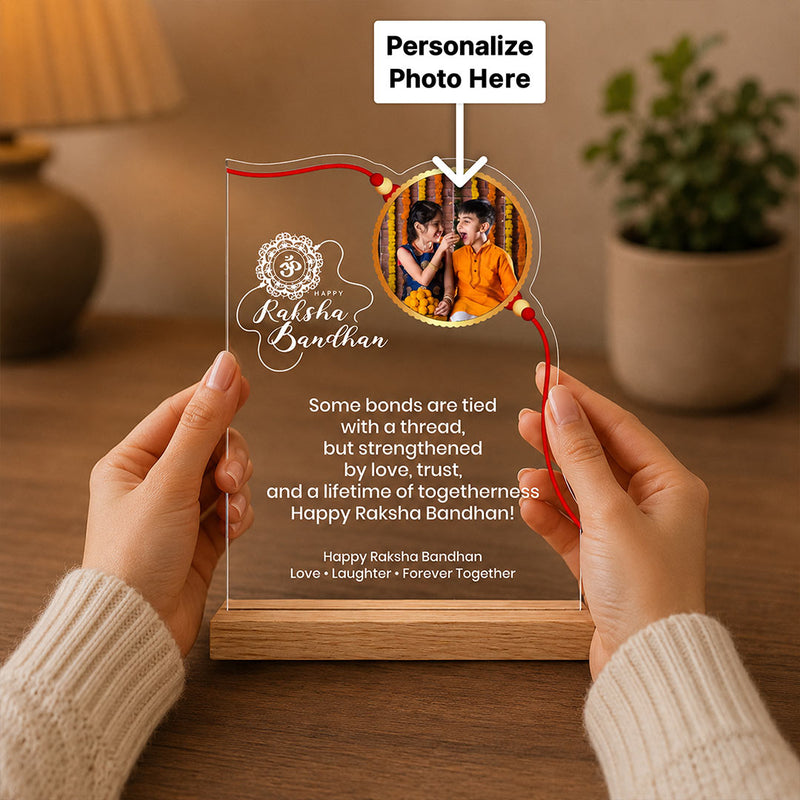 Personalized Brother Sister Photo Acrylic Lamp | Raksha Bandhan LED Table Stand with Wooden Base | Love Craft Gifts™