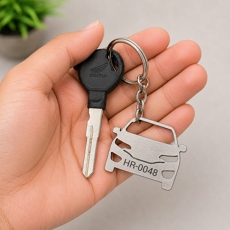 Personalized Car Shape Metal Keychain | Custom Vehicle Number Plate Keyring | Premium Stainless Steel Car Key Holder | Standard Size | Love Craft Gifts™