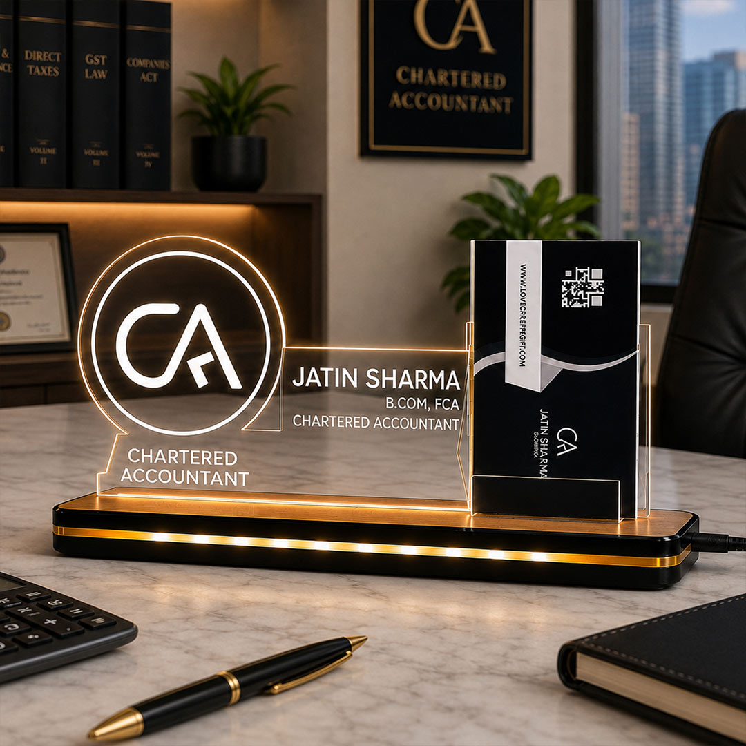 Personalized Chartered Accountant LED Acrylic Business Card Holder with Name | Custom CA Office Desk Name Plate with Card Stand 8 x 6 Inch | Professional Gift for CA, Tax Consultant & Finance Experts | Love Craft Gifts™