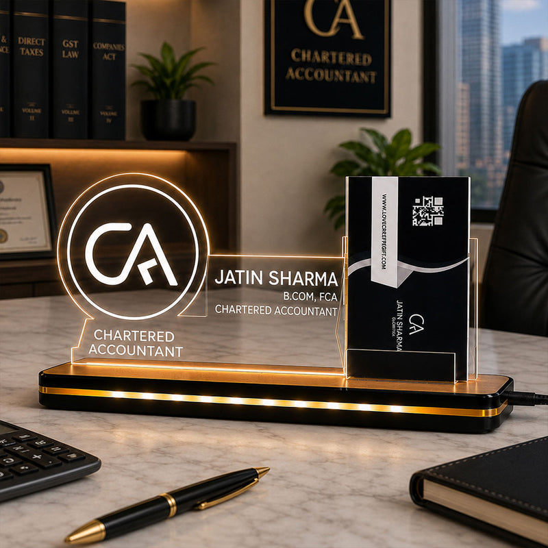Personalized Chartered Accountant LED Acrylic Business Card Holder with Name | Custom CA Office Desk Name Plate with Card Stand 8 x 6 Inch | Professional Gift for CA, Tax Consultant & Finance Experts | Love Craft Gifts™