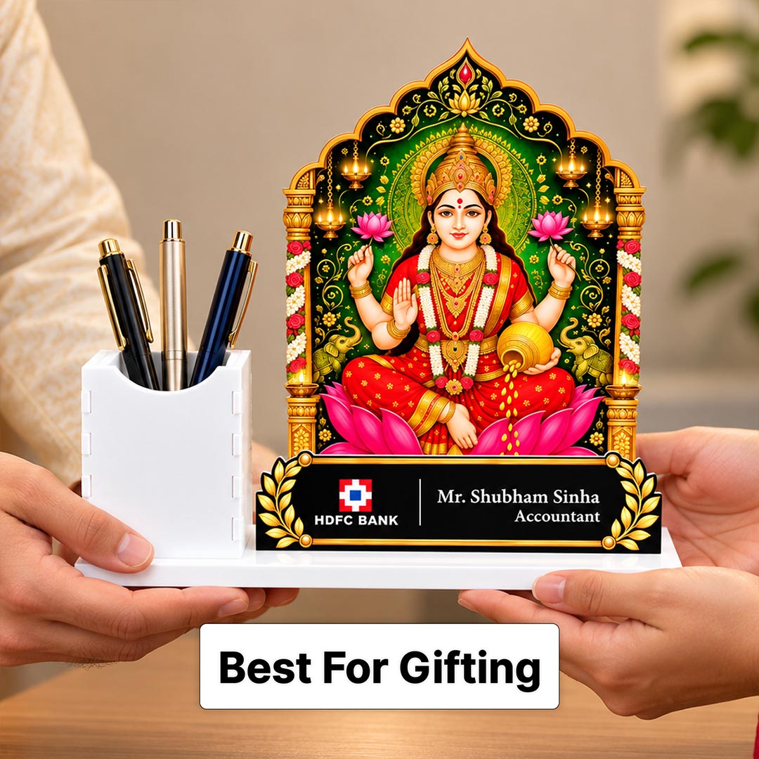 Personalized Client Diwali Gift | Goddess Lakshmi Pen Stand with Company Logo