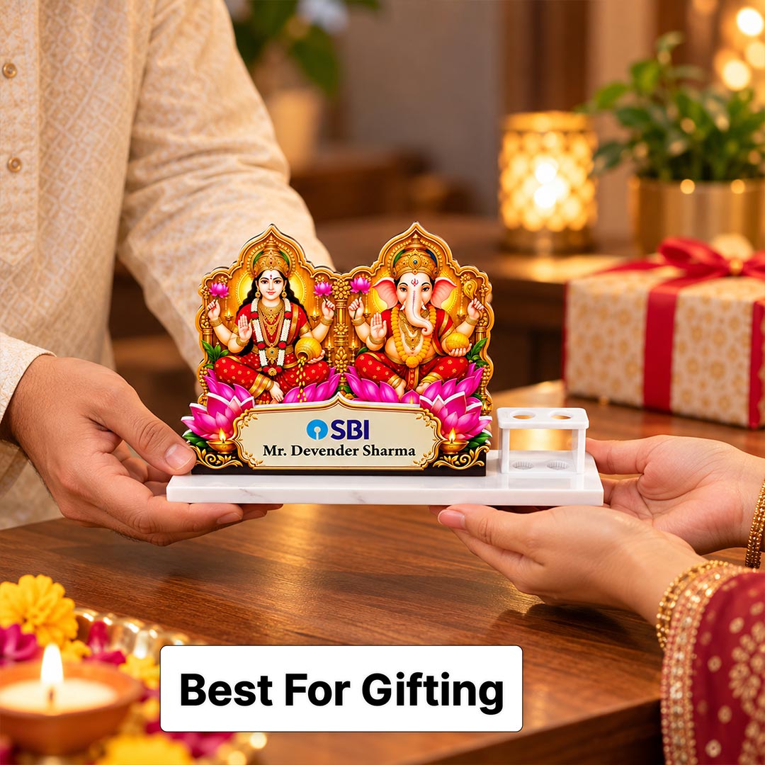 Personalized Corporate Diwali Desk Gift | Lakshmi Ganesha Pen Stand with Name & Logo