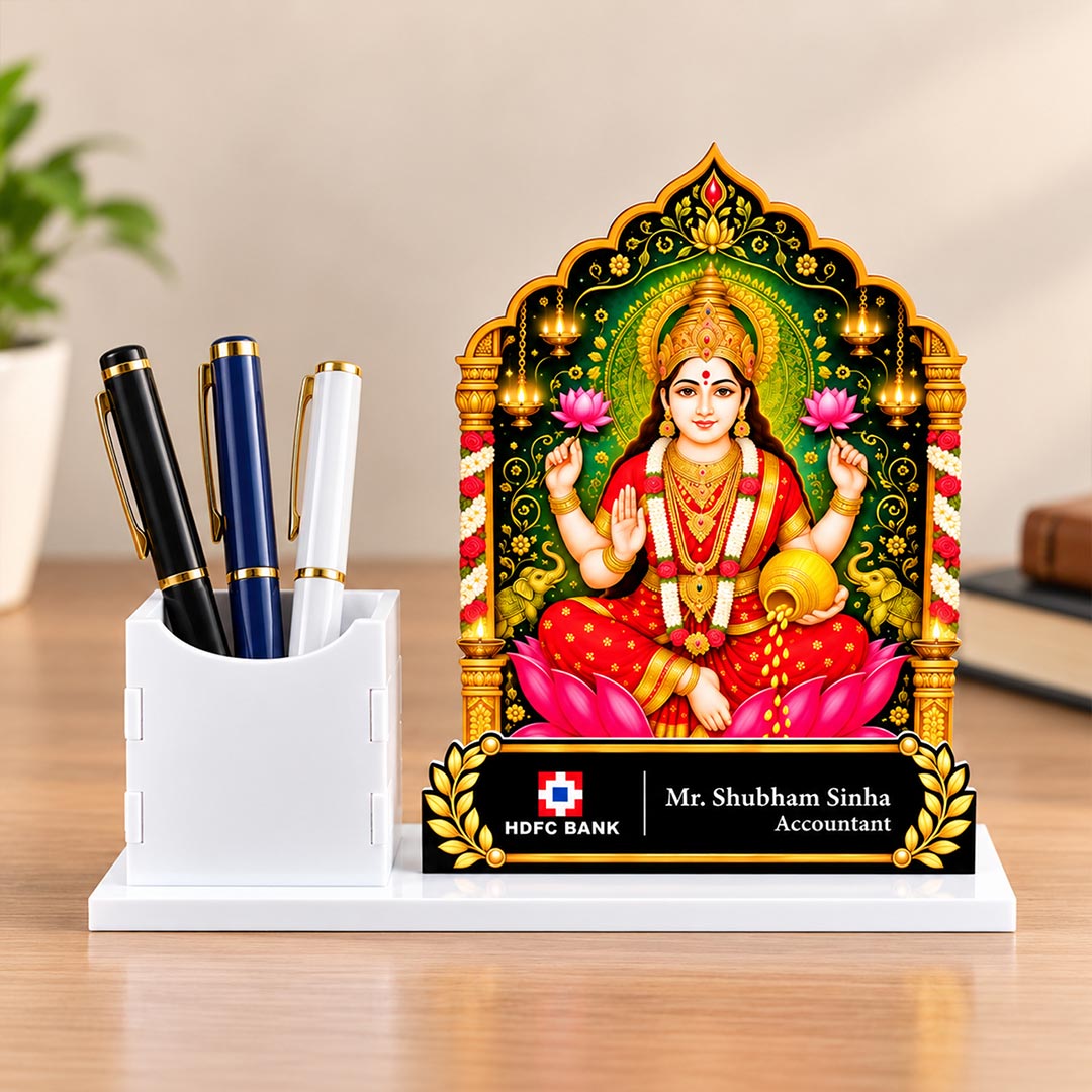 Personalized Corporate Diwali Pen Stand | Goddess Lakshmi White Acrylic Desk Gift