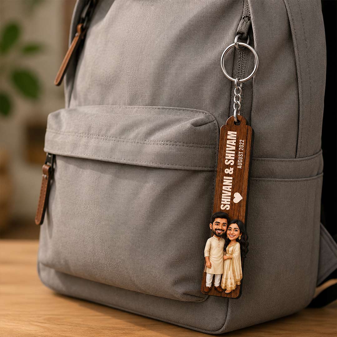 Personalized Couple Bag Keychain 2x4 Inch | Custom Names, Date & Cartoon Wooden Key Ring for Backpack, Handbag & Romantic Gifting