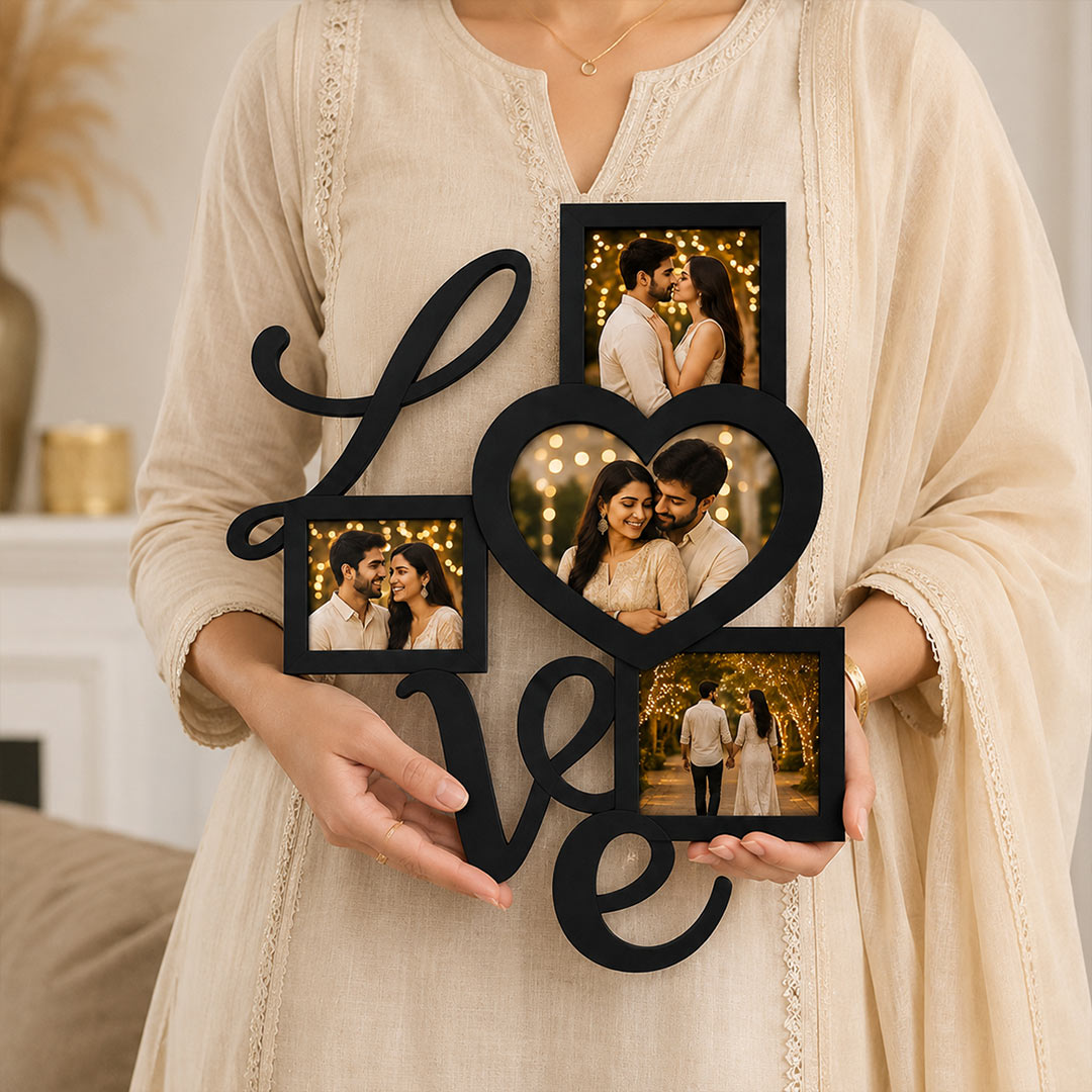 Personalized Couple Wall Photo Frame 12x15" | Custom 4 Photo Wooden Love Design | Love Craft Gifts™