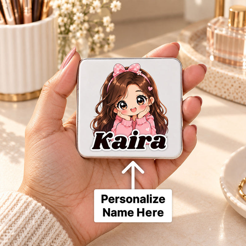 Personalized Cute Girl Compact Mirror | Custom Name Pocket Mirror