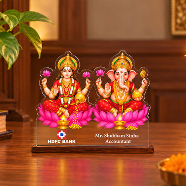 Personalized Diwali Gift for Employees | Lakshmi Ganesha Acrylic Gift with Wooden Base