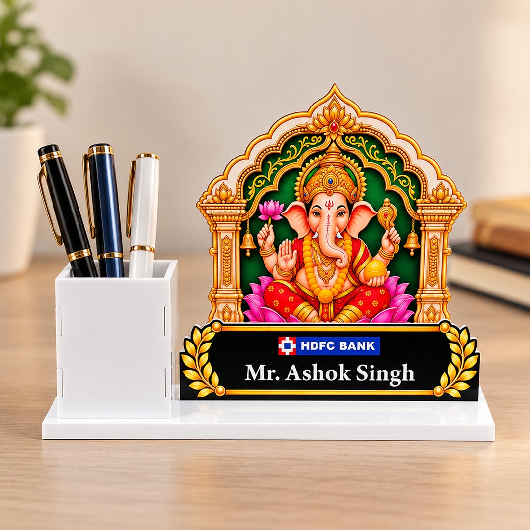 Personalized Employee Desk Gift | Lord Ganesha White Acrylic Pen Stand