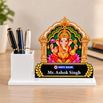 Personalized Employee Desk Gift | Lord Ganesha White Acrylic Pen Stand