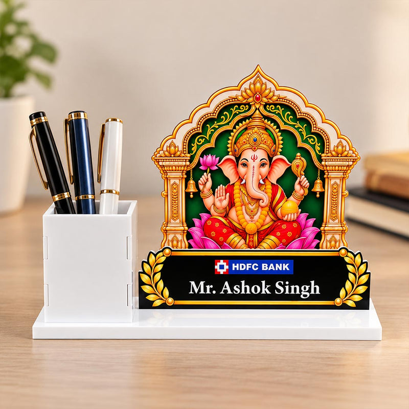 Personalized Employee Desk Gift | Lord Ganesha White Acrylic Pen Stand