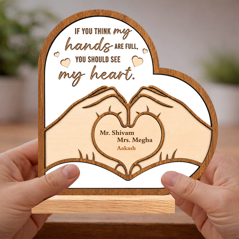 Personalized Family Heart Wooden Table Top | Custom Family Name Wooden Keepsake with Heart Hands Design | Gift for Parents & Grandparents | 9x9.5" | Love Craft Gifts™