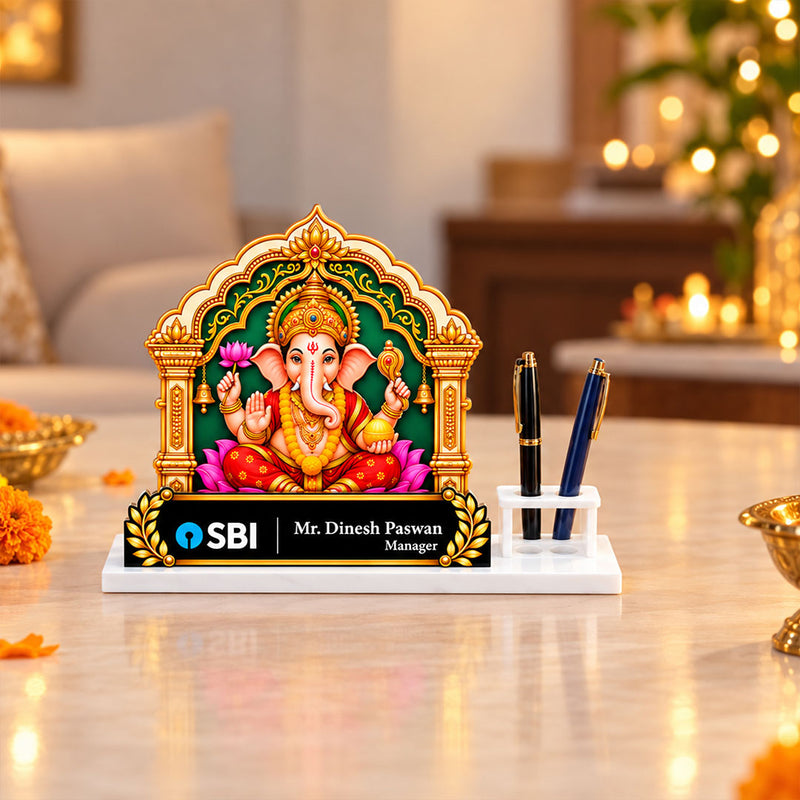 Personalized Ganesha Desk Stand with Pen Holder | Diwali Corporate Gifting | Love Craft Gifts™