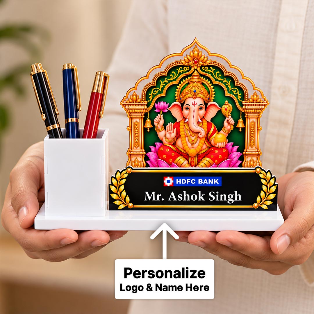 Personalized Ganesha Pen Stand | Corporate Diwali Gift with Company Logo & Name
