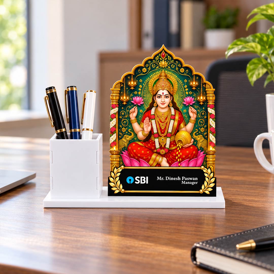 Personalized Goddess Lakshmi Desk Stand with Pen Holder 10x7" | Corporate Gift | Love Craft Gifts™