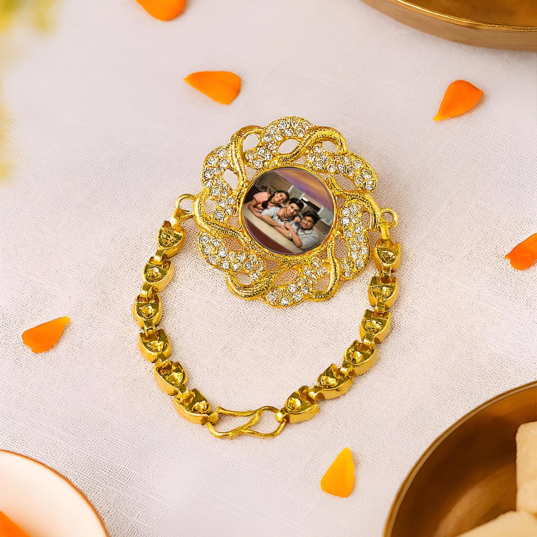 Personalized Gold Photo Rakhi Custom Memory Rakhi for Brother Raksha Bandhan | Love Craft Gifts™
