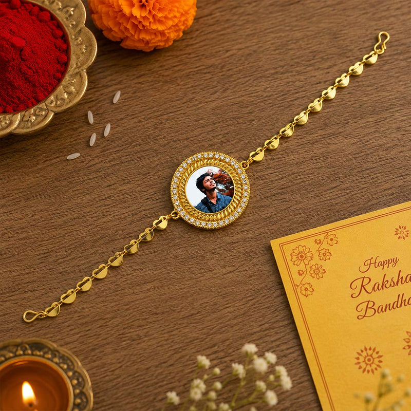Personalized Gold Photo Rakhi Custom Raksha Bandhan Keepsake for Brother | Love Craft Gifts™