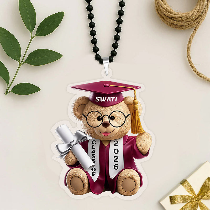 Personalized Graduation Teddy Bear Car Hanging | Custom Name Acrylic Rear View Mirror Hanging for Graduates | 2.5x3" | Love Craft Gifts™