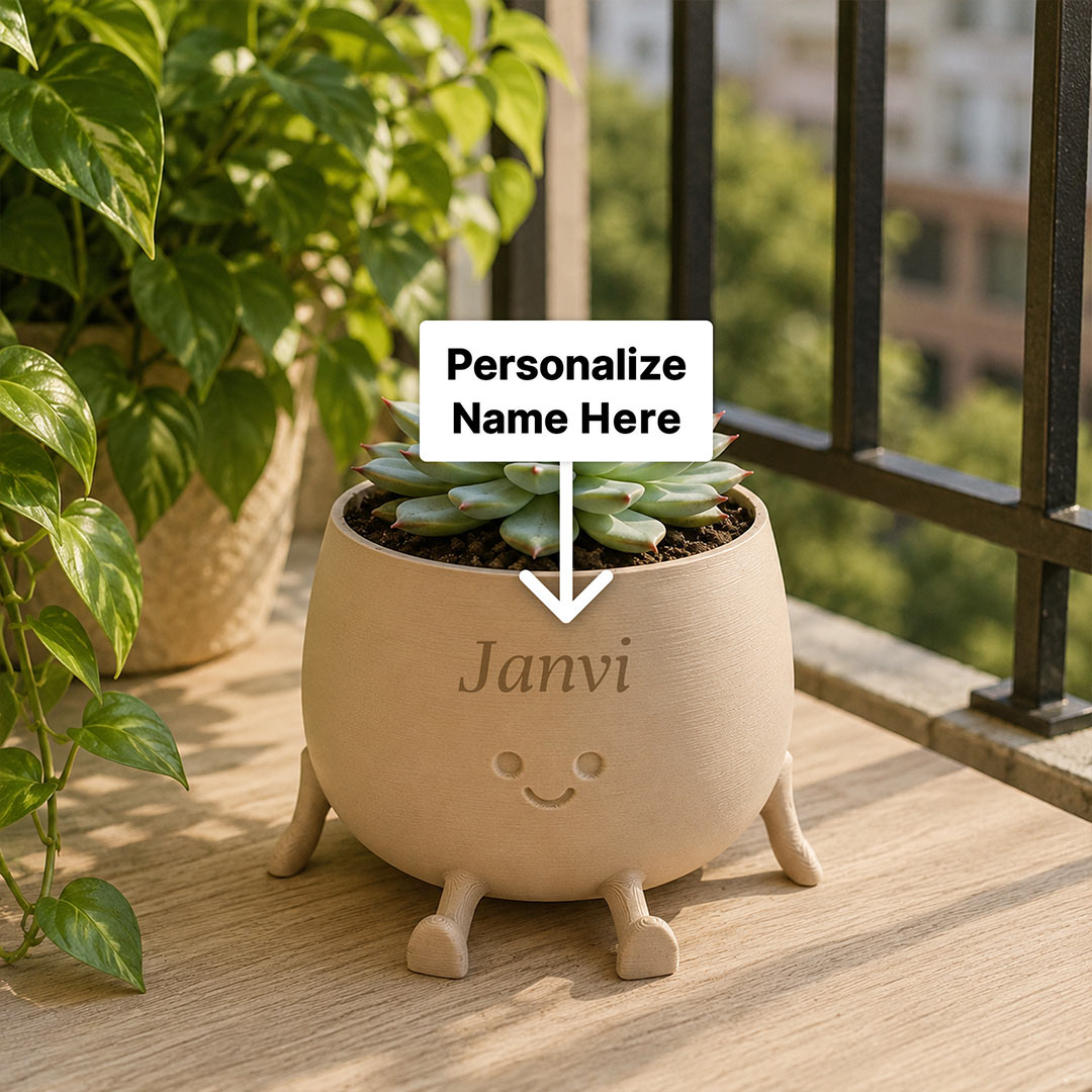 Personalized Happy Plant Pot 5 Inch with Name | Cute Smiling Plant Buddy Planter for Desk, Study Table & Home Décor