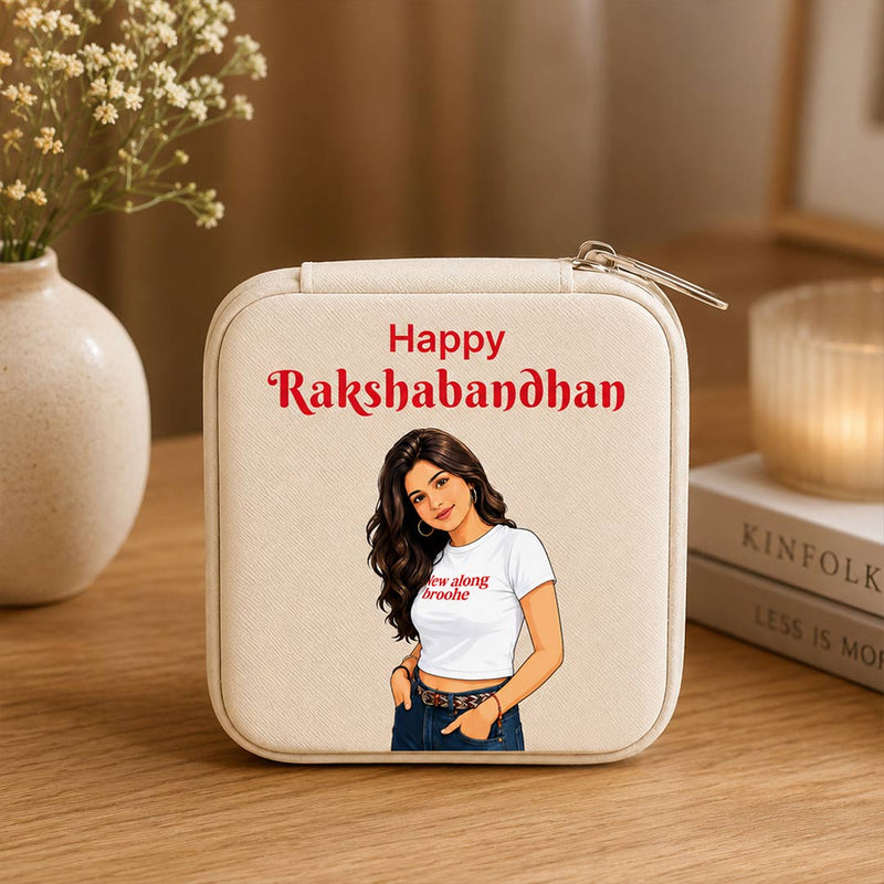 Personalized Happy Raksha Bandhan Cartoon Jewellery Travel Case | Custom Photo Gift for Sister | Premium PU Leather | Love Craft Gifts™