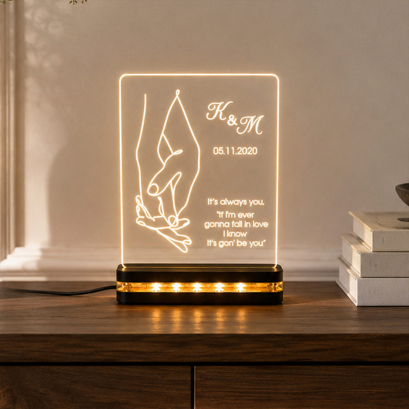 Personalized Holding Hands LED Acrylic Lamp 8x8″ | Couple Initials & Date | Love Craft Gifts™