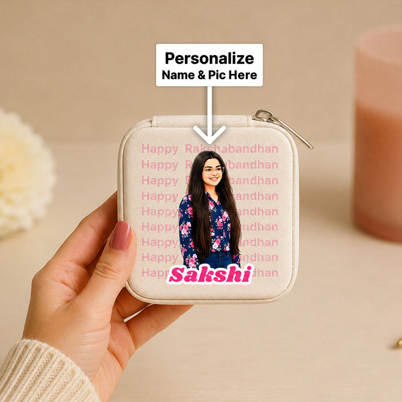 Personalized Jewellery Travel Case with AI Cartoon Photo | Raksha Bandhan Gift for Sister | Love Craft Gifts™