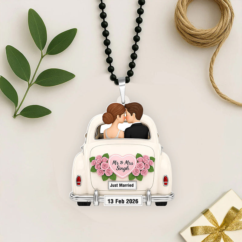 Personalized Just Married Car Hanging with Name & Date 2.5x3" for Couples | Romantic Wedding Car Mirror Accessory | Love Craft Gifts™