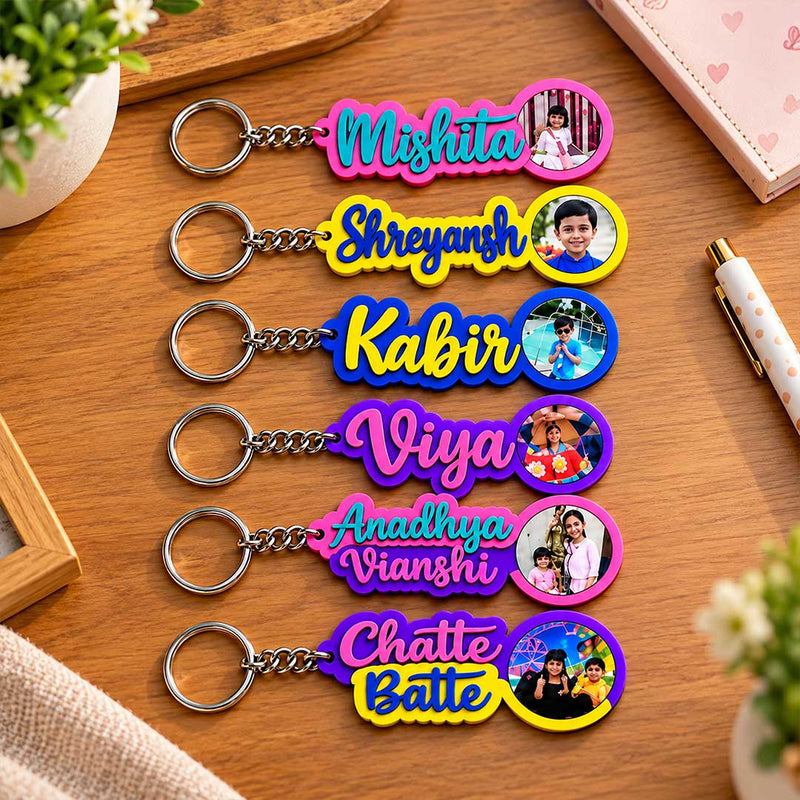 Personalized Kids Backpack Keyring with Name and Round Photo Charm | Love Craft Gifts™