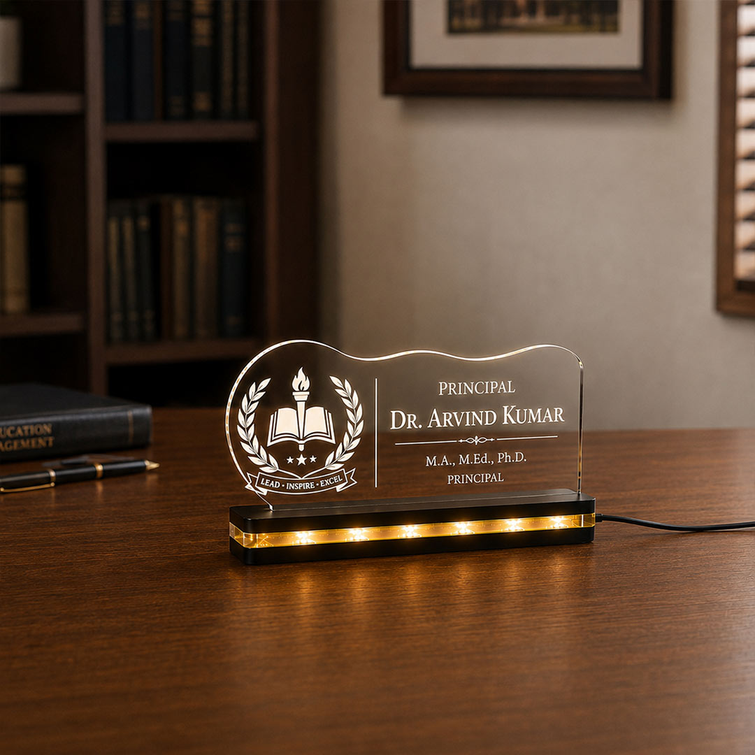 Personalized LED Name Plate for Principal | Custom Name Office Desk Nameplate
