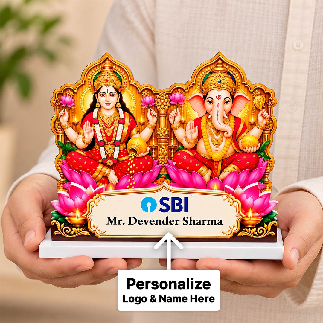 Personalized Lakshmi Ganesha Corporate Diwali Gift | White Acrylic Desk Nameplate