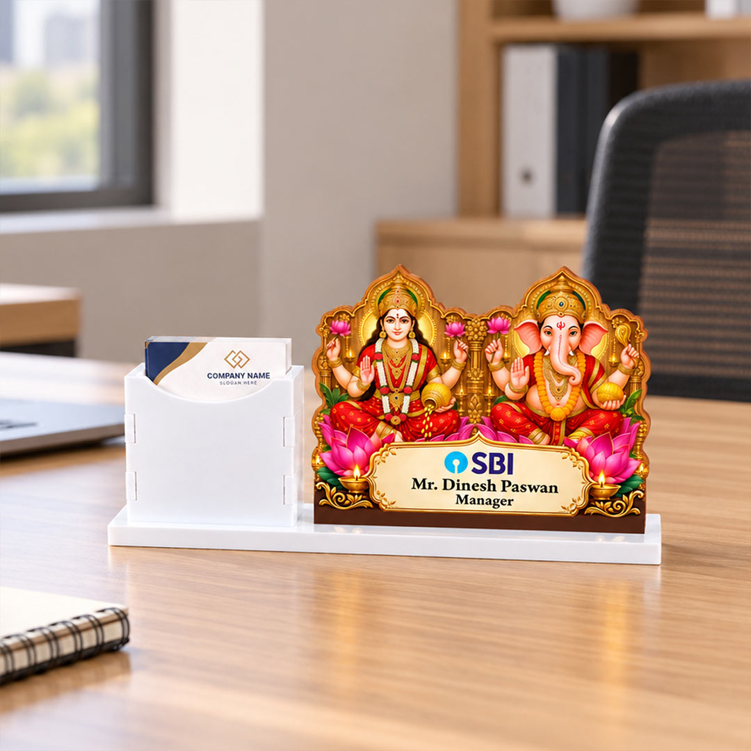 Personalized Lakshmi Ganesha Desk Stand with Visiting Card Holder 10x7" | Corporate Gift | Love Craft Gifts™