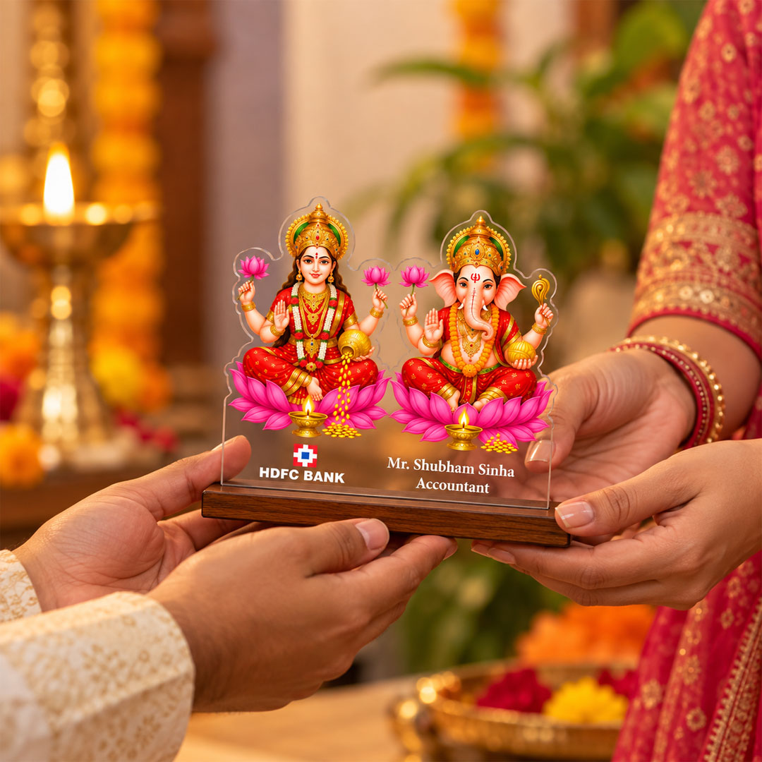 Personalized Lakshmi Ganesha Gift for Employees | Corporate Diwali Gifting with Wooden Base