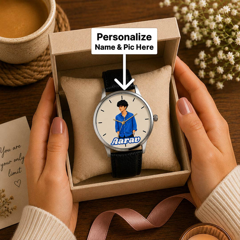 Personalized Men's Photo Leather Watch | Custom Name Analog Watch for Him | Love Craft Gifts™