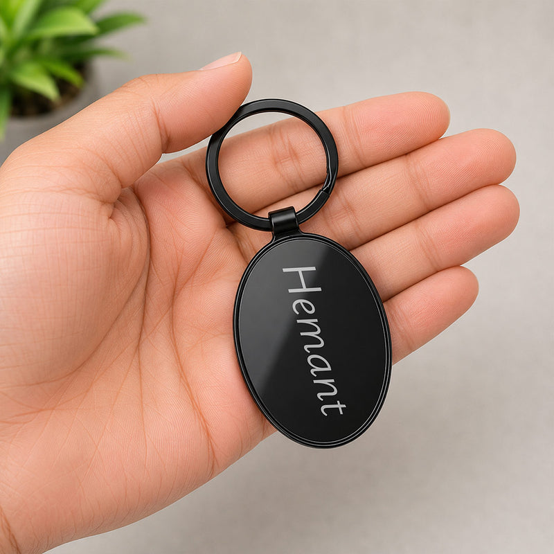Personalized Name Keyring | Oval Black Metal Keychain | Standard Size | Love Craft Gifts™