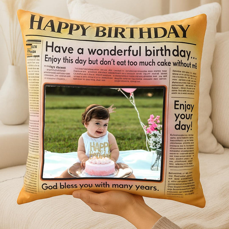 Happy Birthday Newspaper Style Personalized Cushion (10x10) | Love Craft Gifts