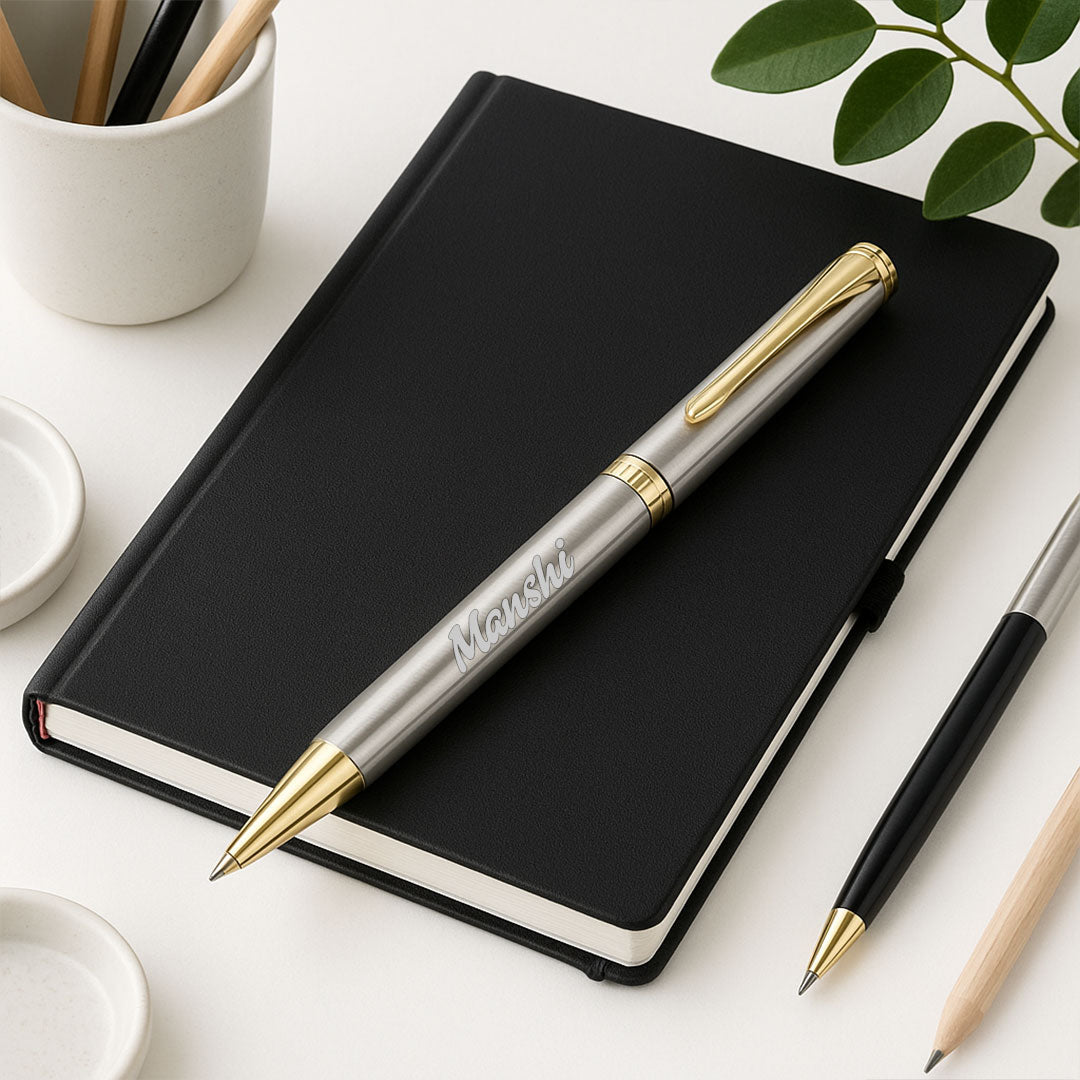 Parker Folio Stainless Steel Gold Trim Ball Pen - Personalized | Love Craft Gifts