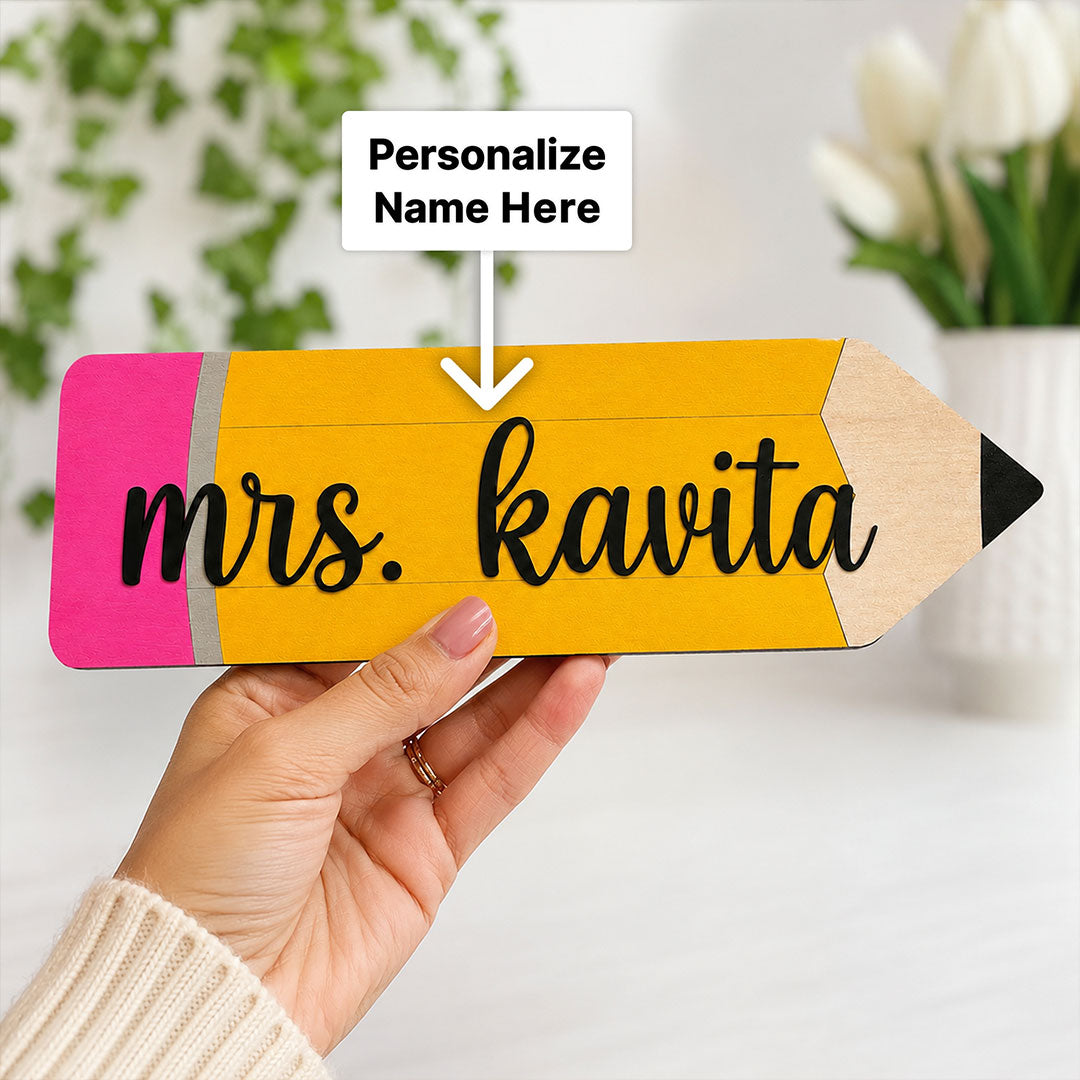 Personalized Pencil-Shaped Teacher Table Stand 3x5 Inch | Custom Name Wooden Desk Décor for Female & Male Teacher Appreciation Gift