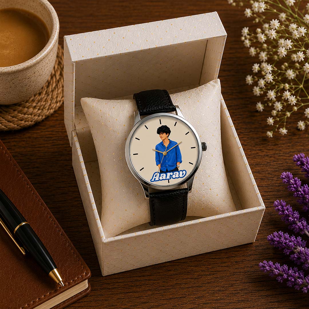 Personalized Photo & Name Gift Watch | Custom Men's Leather Strap Analog Watch with Gift Box | Love Craft Gifts™