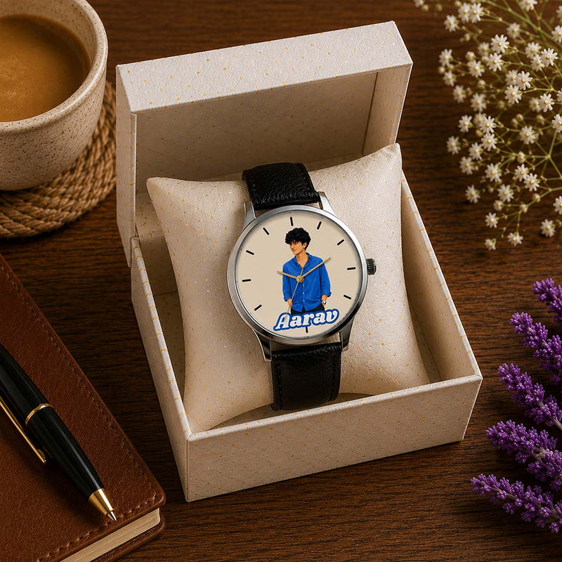 Personalized Photo & Name Gift Watch | Custom Men's Leather Strap Analog Watch with Gift Box | Love Craft Gifts™